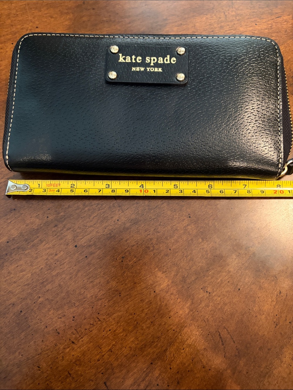 kate spade Black Leather Zip-Around Wallet with Gold Logo